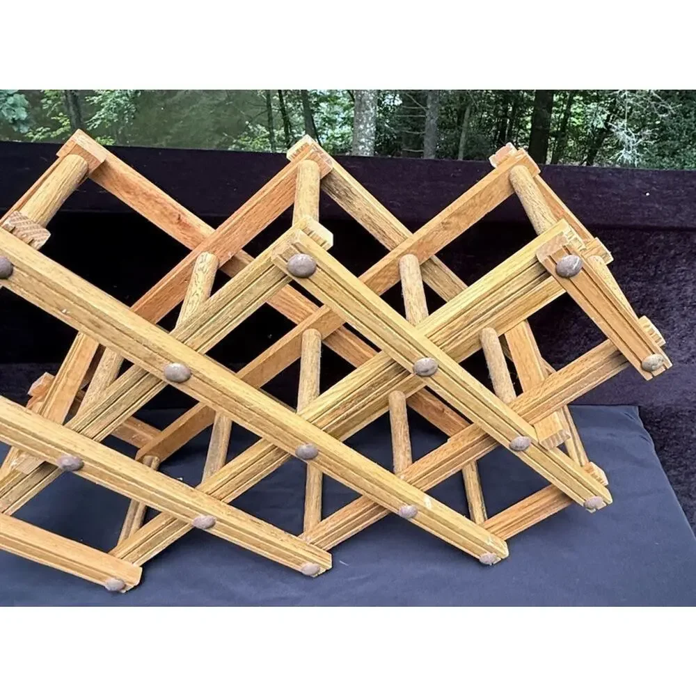 Vintage Wine Rack Bottle Holder Scissor Wood Accordion Wood Folding Heavy Duty 2